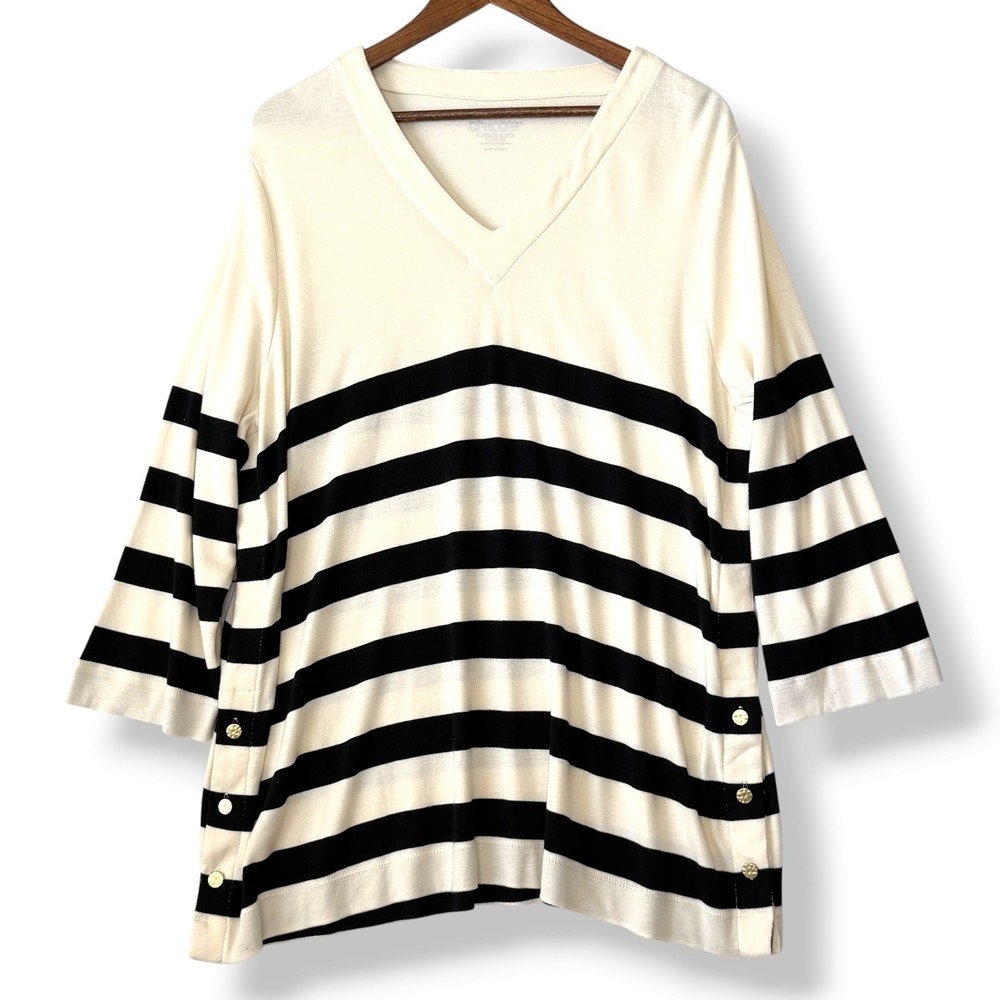 Chico's Striped V-Neck Tunic Top 4 XXL Ivory Black Gold Button Hem Pima Cotton
